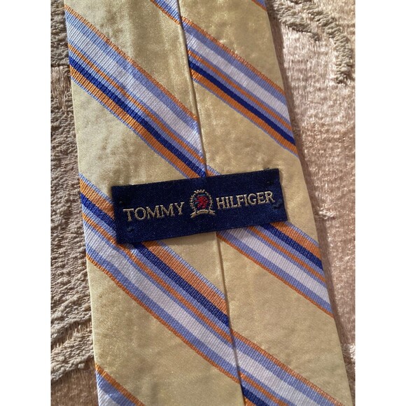 Vintage 90s Tommy Hilfiger Silk Necktie 1990s Yellow Blue Preppy Retro Hipster - Picture 3 of 5